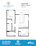A floor plan for a 2 bedroom, 2 bathroom suite at The Artisan at Rangeview.
