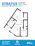 A floor plan for a suite with two bedrooms and two bathrooms at Stratus Apartments.
