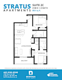 A floor plan for a suite apartment with two bedrooms and two bathrooms.