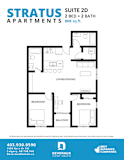 A floor plan for a suite with two bedrooms and two bathrooms at Stratus Apartments.