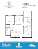 A floor plan for a 2 bedroom, 2 bathroom suite at The Artisan at Rangeview.