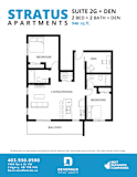 A floor plan for a suite with two bedrooms and a den.
