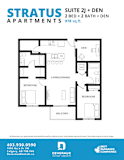 A floor plan for a suite and den apartment with two bedrooms and two bathrooms.