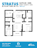 A floor plan for a suite with two beds and a den.