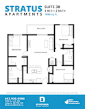 A floor plan for a 3 bedroom apartment with 2 bathrooms and a living/dining area.