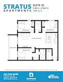 A floor plan for a 3 bedroom apartment with 2 bathrooms and a living/dining area.