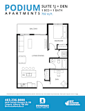 A floor plan for a 1 bedroom, 1 bath apartment with a den.
