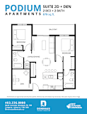 A floor plan for a 2 bedroom, 2 bath apartment with a den.