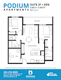 A floor plan for a 2 bedroom, 2 bath apartment with a den.