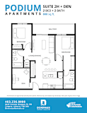 A floor plan for a suite with two bedrooms and a den.