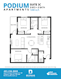 A floor plan for a 3 bedroom, 2 bathroom apartment.
