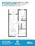 A floor plan for a one bedroom apartment with den is shown.