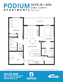 A floor plan for a 2 bedroom, 2 bath apartment with a den.
