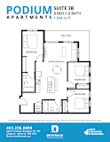 A floor plan for a 3 bedroom, 2 bathroom apartment.