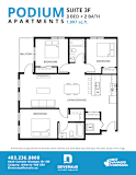 A floor plan for a 3 bedroom, 2 bath apartment with a living/dining area.