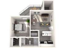 A 3D floor plan of a small apartment with a kitchen, living room, and bathroom.