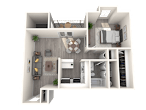 A 3D rendered image of a modern apartment layout.