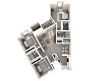 A 3D rendered image of a modern house layout.