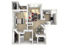A 3D rendered image of a small apartment layout.