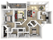 A 3D floor plan of a house showing all rooms and their layouts.