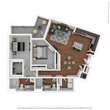 A 3D floor plan of a house with multiple rooms and furniture.