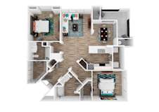 A top-down view of a small apartment with a kitchen, living room, and bedroom.
