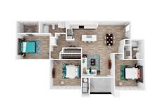 A top-down view of a modern apartment layout with a kitchen, living room, and bathroom.
