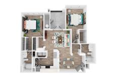 A top-down view of a modern apartment layout with a living room, kitchen, dining area, and bathroom.
