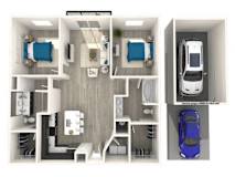 A 3D floor plan of a small apartment with a bedroom, living room, kitchen, and bathroom.