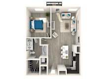 A top-down view of a small, neatly organized apartment with a bedroom, bathroom, and kitchen area.