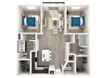 A top-down view of a small, well-organized apartment with two bedrooms, a living area, and a kitchen.
