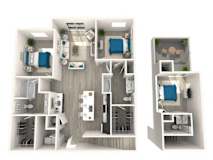 A 3D floor plan of a small apartment with a kitchen, living room, and bedroom.