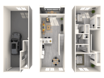 Three images of a small apartment layout.