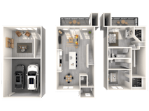 Three different floor plans of a house with a garage and a kitchen.