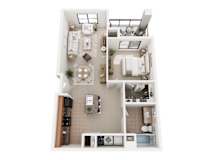 A top-down view of a small apartment with a kitchen, living room, and bathroom.