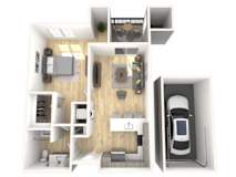 A 3D floor plan of a house with a car parked in the garage.
