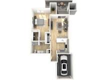 A top down view of a house with a car in the garage.