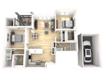 A 3D floor plan of a house with a kitchen, living room, and a garage.