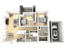 A 3D floor plan of a house with a kitchen, living room, and bedrooms.