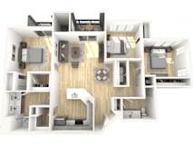 A 3D floor plan of a house with multiple rooms.