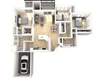 A 3D floor plan of a house with a kitchen, living room, and bedrooms.