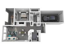 A 3D rendered image of a house layout.