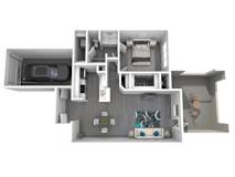 A 3D floor plan of a house with a kitchen, living room, and dining area.