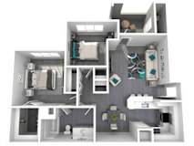A 3D rendered image of a modern apartment layout.