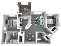 A 3D floor plan of a house with a kitchen, living room, and bathroom.