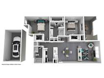 A 3D floor plan of a house with a kitchen, living room, and two bedrooms.