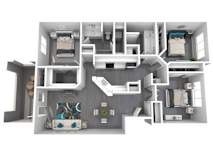 A 3D floor plan of a house with multiple rooms and furniture.