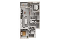 A floor plan of a house with a kitchen, living room, and two bedrooms.