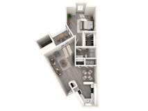 A top down view of a house with a kitchen, living room, and bathroom.