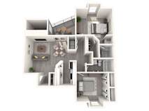 A 3D floor plan of a house with a kitchen, living room, and bathroom.